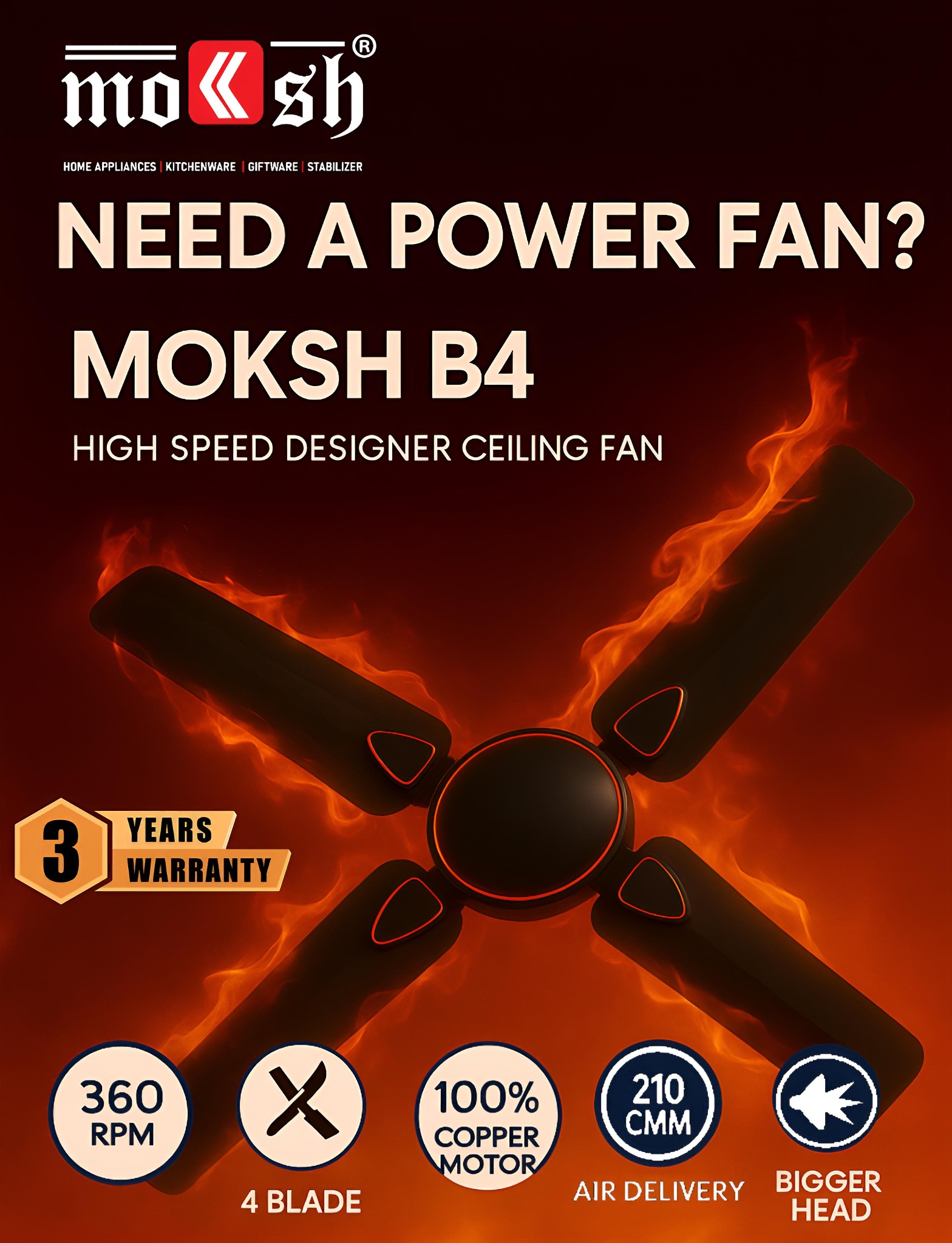 MOKSH ceiling fan b4 1200mm [4 blade fan high speed]