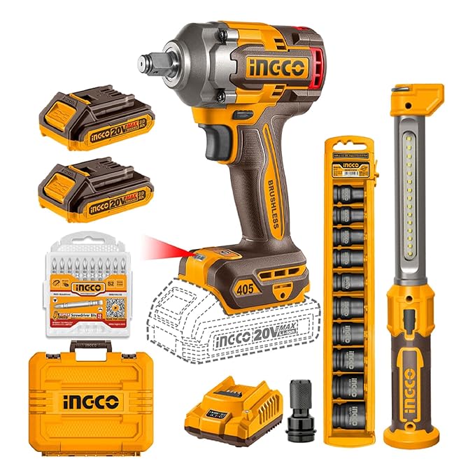 Ingco 20V Cordless Impact Wrench 405NM, Variable Speed 2400RPM